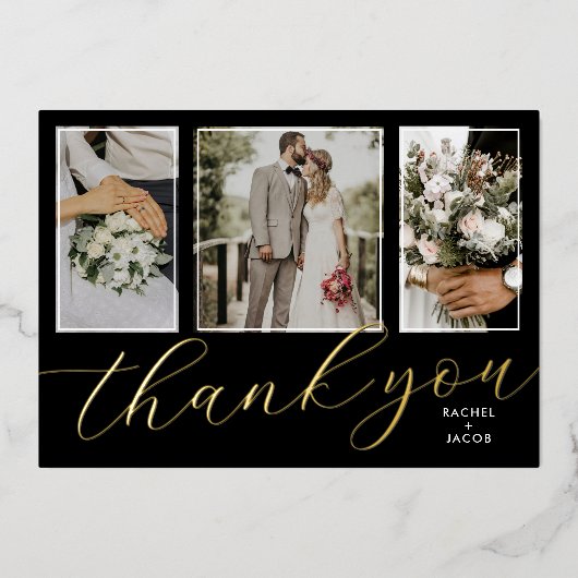 Gold Foil Script 3-Photo Wedding Hartelijk dank Folie Uitnodiging (Voorkant)