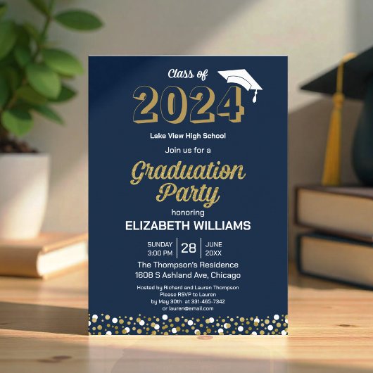 Gold Foil Script Confetti Graduation Party Blue Kaart