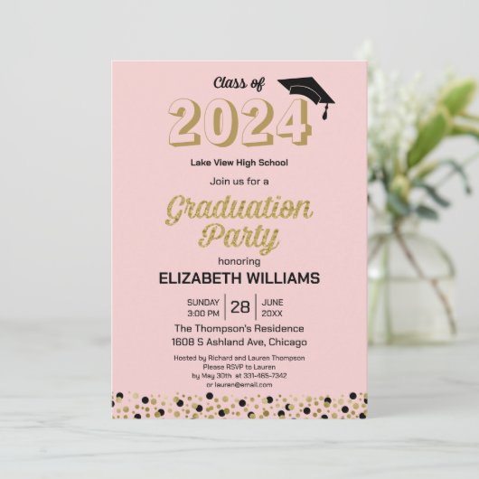 Gold Foil Script Confetti Graduing Party roze Kaart (Staand voorkant)