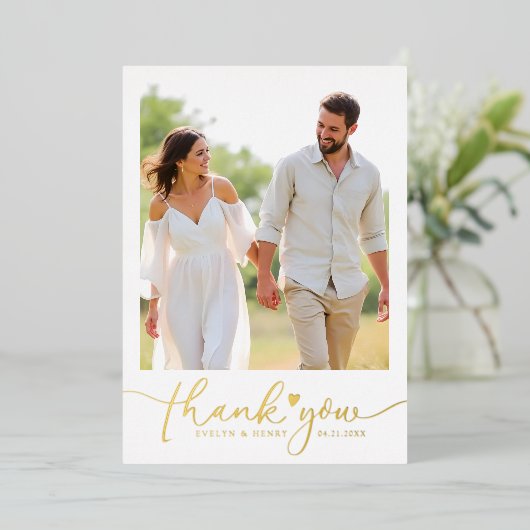 Gold Foil Script Mariage Photo Merci Cartes (Debout devant)