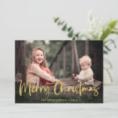 Gold Foil Script Merry kerstfeestdag foto Feestdagenkaart (Staand voorkant)