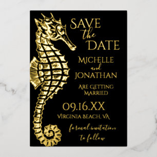 Gold Foil Seahorse Beach Wedding Save the Date Folie Uitnodiging