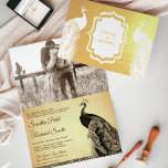 Gold Foil Sepia Peacock Photo Faire-part de mariag<br><div class="desc">Éblouissez vos invités avec cette élégante invitation de mariage pliée à thème paon avec de beaux paons en feuille d'or à l'extérieur et paon couleur sépia à l'intérieur contre un arrière - plan de parchemin rustique vintage. Ajoutez simplement les détails de votre événement sur ce modèle facile à utiliser et...</div>