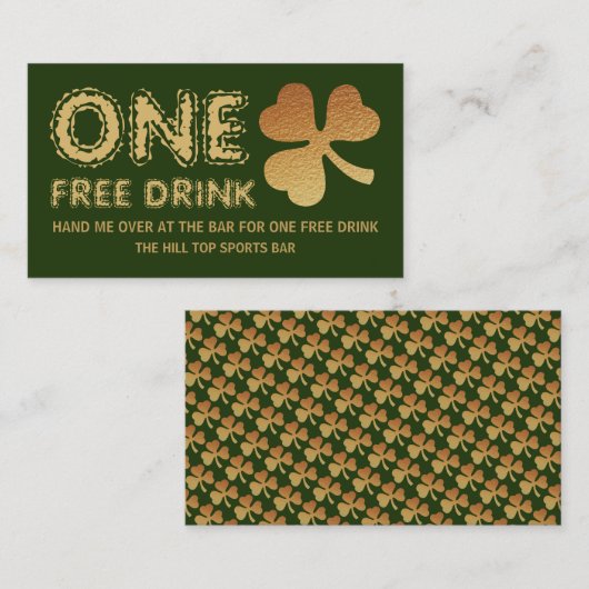 Gold Foil Shamrock, St Patrick's Day Drinks Ticket (Devant / Derrière)