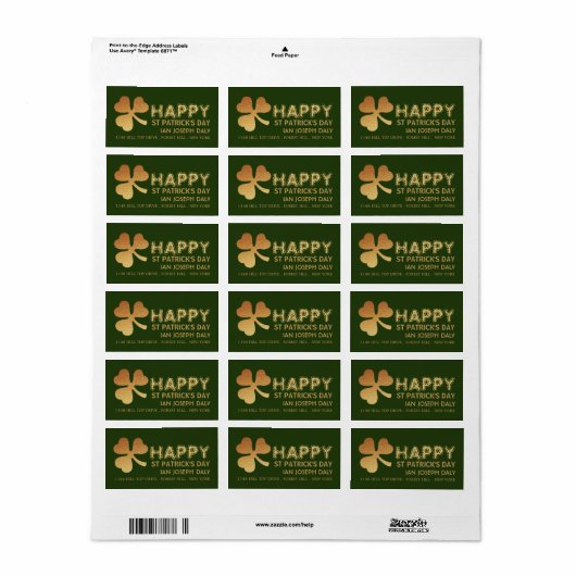 Gold Foil Shamrock, St Patrick's Day Etiket (Full Sheet)