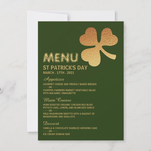 Gold Foil Shamrock, St Patrick's Day Menu Kaart (Voorkant)