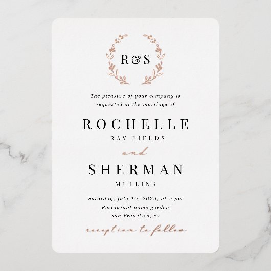 Gold Foil Simple Leaf Monogram Weddenschap Folie Uitnodiging (Voorkant)