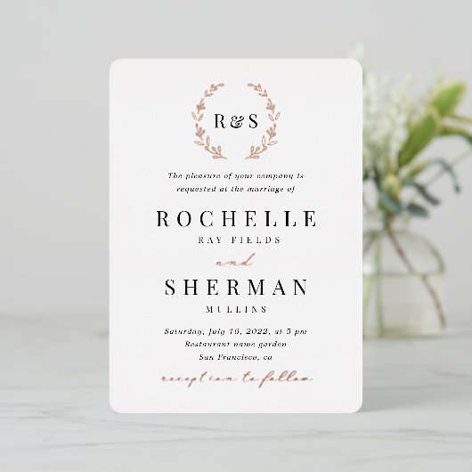 Gold Foil Simple Leaf Monogram Weddenschap Folie Uitnodiging (Staand Voorkant)