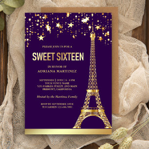 Gold Foil Stars Eiffeltoren Paars Sweet Sixteen Kaart