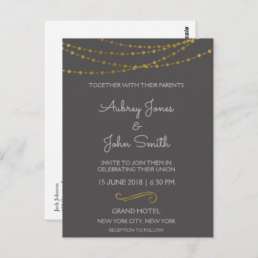 Gold Foil String Lights en Script Wedding Briefkaart (Voorkant / Achterkant)