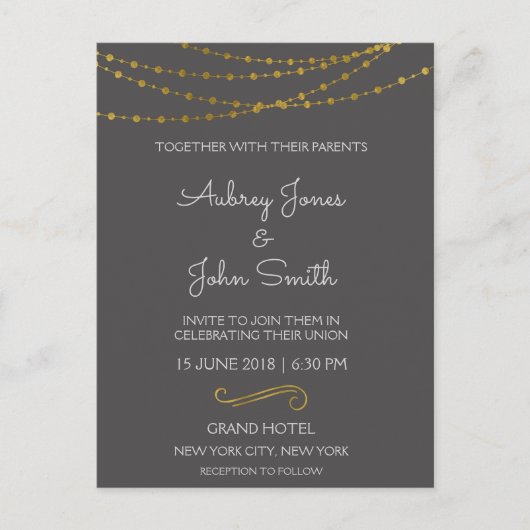 Gold Foil String Lights en Script Wedding Briefkaart (Voorkant)
