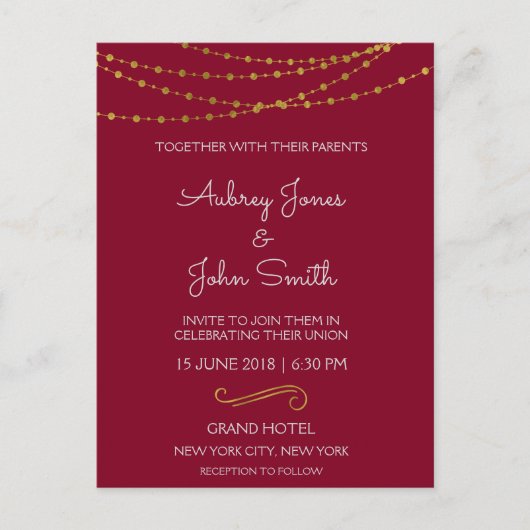 Gold Foil String Lights en Script Wedding Briefkaart (Voorkant)