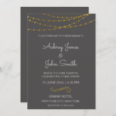 Gold Foil String Lights en Script Wedding Kaart (Voorkant / Achterkant)