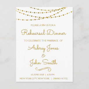 Gold Foil String Lights & Script Rehearsal Dinner Uitnodiging Briefkaart