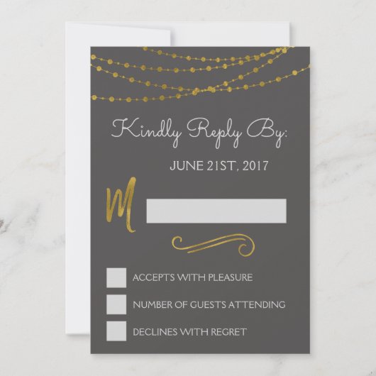Gold Foil String Lights & Script RSVP Reply Kaart (Voorkant)