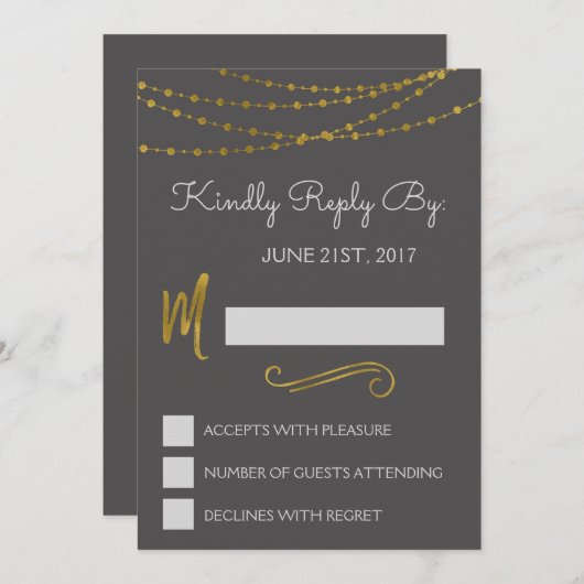 Gold Foil String Lights & Script RSVP Reply Kaart (Voorkant / Achterkant)