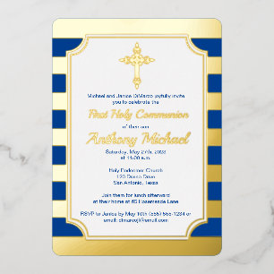Gold Foil Striped 1st Community Invite with Cross Folie Uitnodiging