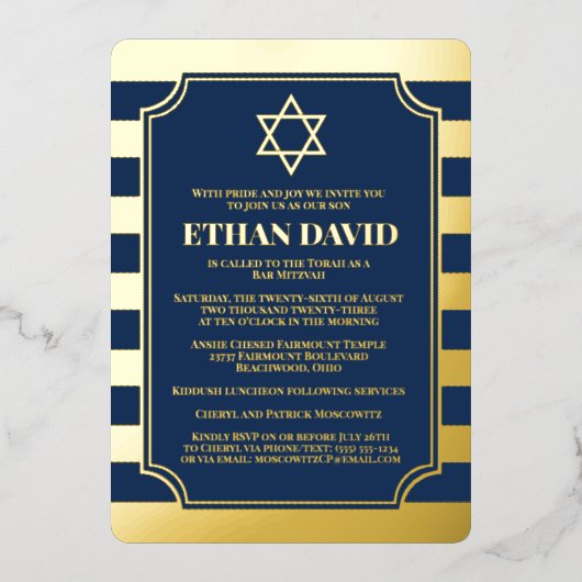 Gold Foil Striped Bar Mitzvah Invitation avec Star (Recto)