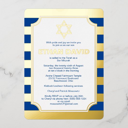 Gold Foil Striped Bar Mitzvah Invitation avec Star (Recto)