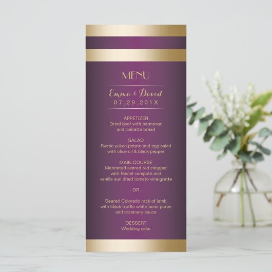 Gold Foil Stripes Élégant Purple Mariage Menu (Debout devant)