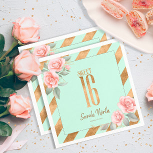 Gold Foil Stripes Floral Mint Green ID757 Servet