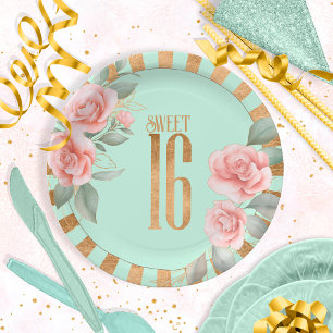 Gold Foil Stripes Floral Sweet Sixteen Mint ID757 Papieren Bordje