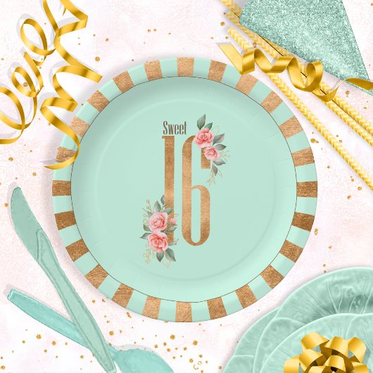 Gold Foil Stripes Sweet Sixteen Mint Green ID756 Papieren Bordje