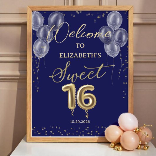 Gold Foil Sweet 16 Ballons Affiche de bienvenue bl