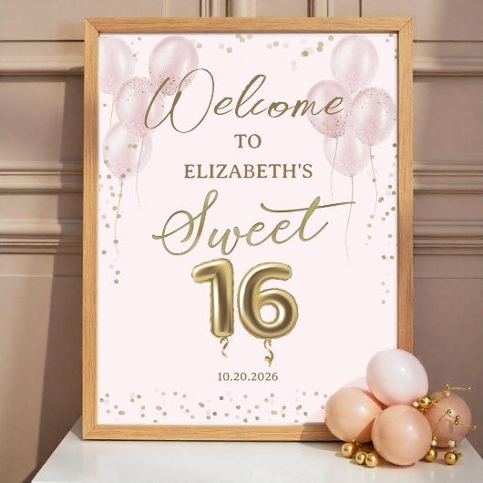 Gold Foil Sweet 16 Ballons Affiche de bienvenue ro