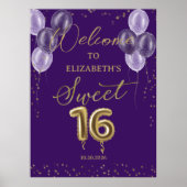 Gold Foil Sweet 16 Ballons Purple Affiche de bienv (Devant)