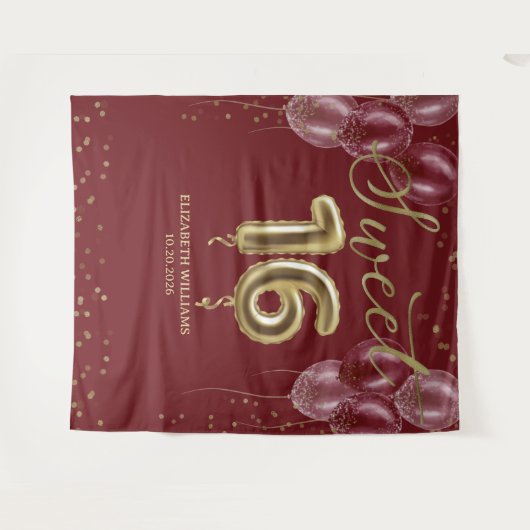 Gold Foil Sweet 16 Balloons Burgundy Backdrop Wandkleed (Voorkant (horizontaal))