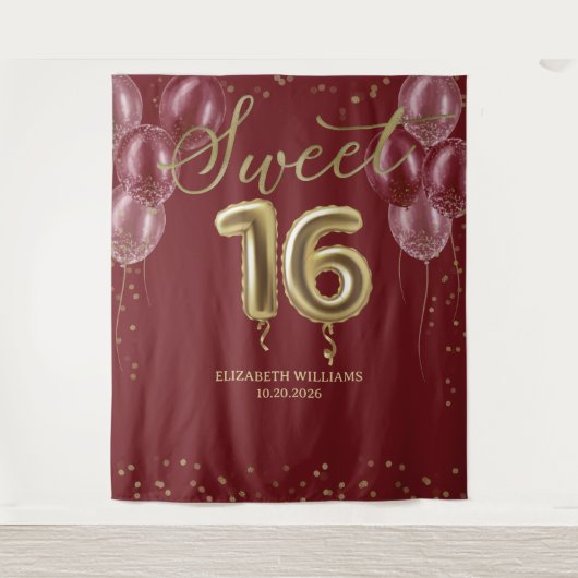 Gold Foil Sweet 16 Balloons Burgundy Backdrop Wandkleed (Voorkant)