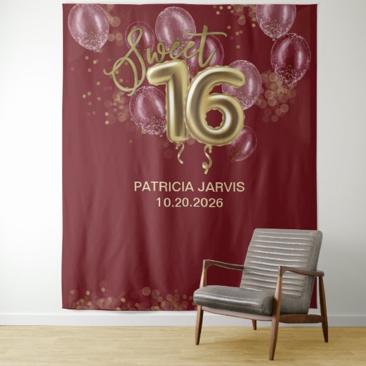 Gold Foil Sweet 16 Balloons Burgundy Backdrops Wandkleed (In situ)