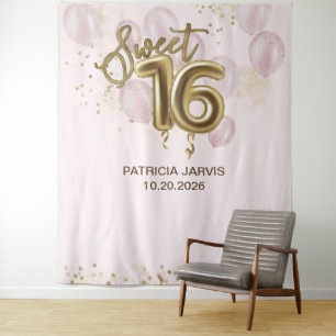 Gold Foil Sweet 16 Bday Balloons Roze achtergrondd Wandkleed