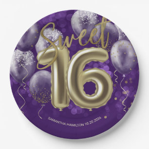 Gold Foil Sweet 16 Birthday Balloons Party Paars Papieren Bordje