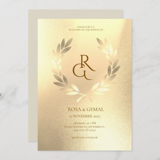 Gold Foil Texture Élégante invitation de mariage (Devant / Derrière)