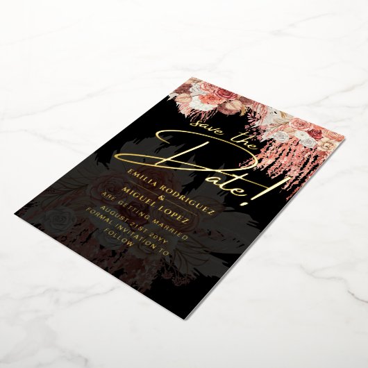 Gold Foil Tropical Pampas Grass Weddenschap Save D Folie Uitnodiging (Gedraaid)