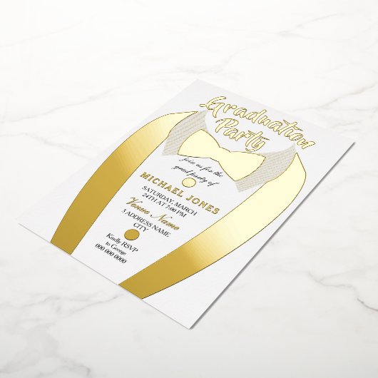 Gold Foil Tuxedo Suit Afstuderen Afstudeerder Part Folie Uitnodiging (Gedraaid)