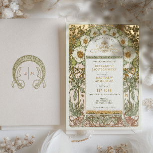 Gold Foil Vintage Wedding Invitding Art Nouveau Folie Uitnodiging