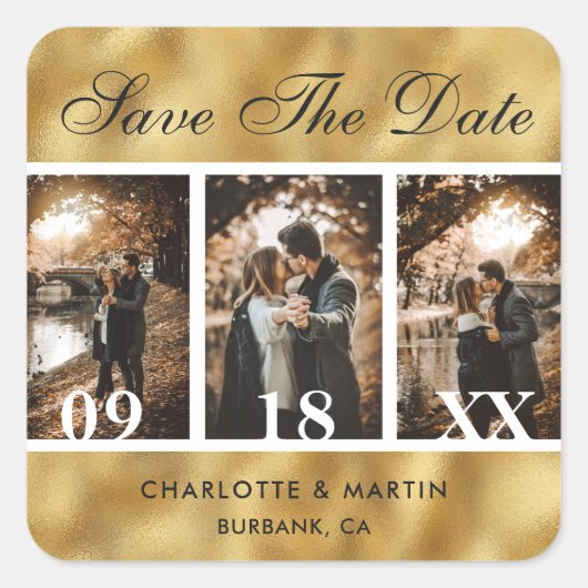 Gold Foil Wedding Photo Save the Date Stickers (Voorkant)