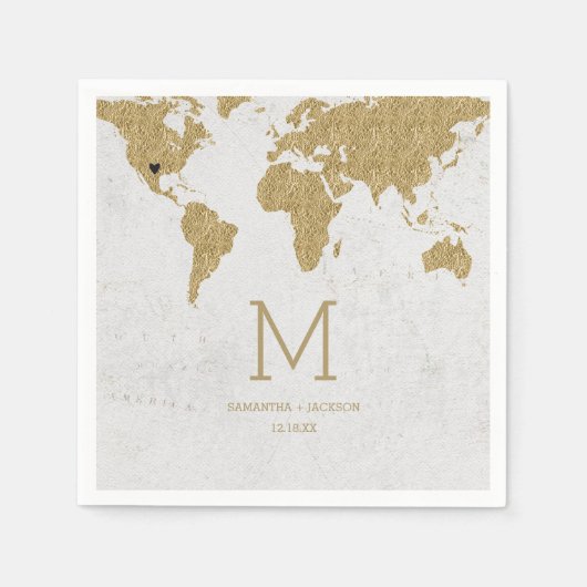 Gold Foil Wereldkaart Destination WeddenMonogram Servetten (Voorkant)