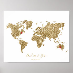 Gold Foil Wereldkaart met verwisselbare harten Poster