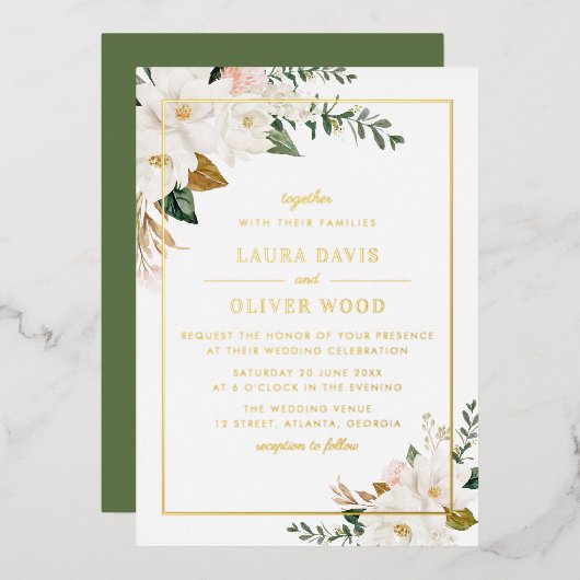 Gold Foil white magnolia floral wedding invitation (Recto/Verso)