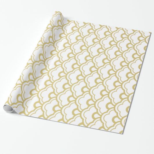 Gold Foil White Scalloped Shells Pattern Cadeaupapier (Uitgerold)