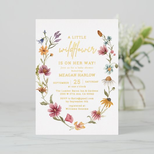 Gold Foil Wildflower Girl Baby shower Folie Uitnodiging (Staand Voorkant)
