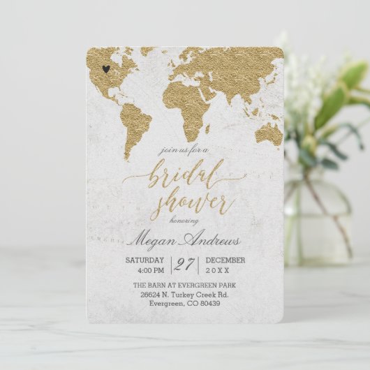 Gold Foil World Map Invitation de douche nuptiale (Debout devant)