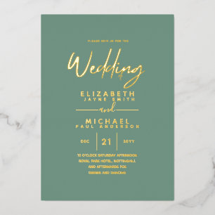 GOLD FOIL Zee Glass Green Modern All-in-1 Wedding Folie Uitnodiging