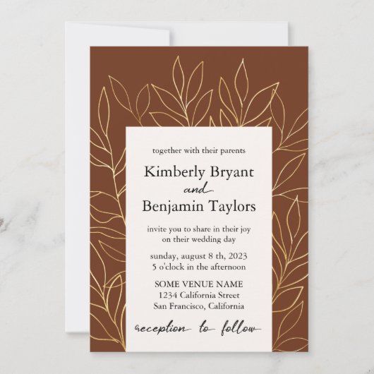 Gold Foliage. Rust brown modern Luxury Wedding Kaart (Voorkant)