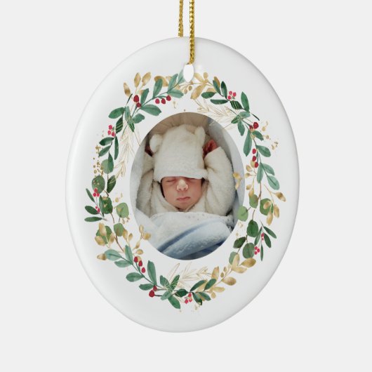 Gold Foliage Wreate | Eerste kerstroze Baby Keramisch Ornament (Rechts)