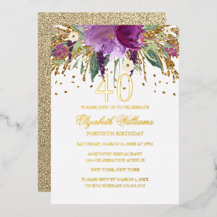 GOLD FOLIE Bloem Glitter Amethist 40ste Verjaardag Uitnodiging
